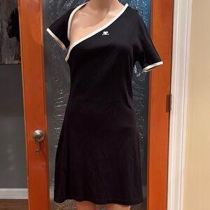Courreges Cotton Asymmetric Minidress One Shoulder Black Dress White Accents